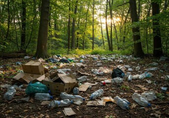 Littered Path in a Green Forest with Sunlight Shining Through Trees, Highlighting Environmental Pollution and Waste Disposal Issues