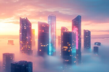Fototapeta premium Skyscrapers emerging through dawn fog with dreamy sunrise and glowing city lights in futuristic atmosphere