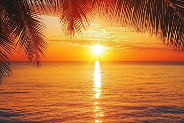 Tropical beach sunset with glowing orange sky and palm tree silhouette framing calm ocean horizon