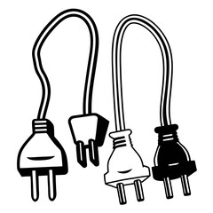 Dual Electric Plugs Vector , Bold Black and White Power Cords with Two Prong Connectors Illustration