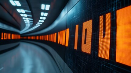 A futuristic tunnel with digital orange displays and a sleek, modern design, likely in a transportation or high-tech environment. Entrepreneur motivation concept.