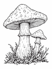 mushroom line art delicate design on white background.eps