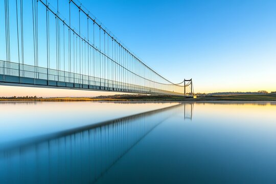 Suspension bridge spanning over calm river at sunrise with perfect reflection and serene sky
