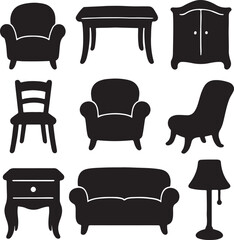 Furniture Icon Set Silhouette Design Home Interior Vector Illustration. 