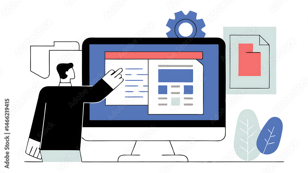 Poster e document management online documentation database paperless office concept businessman touching on