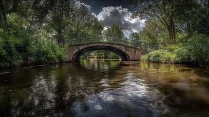 Fototapeta premium Idyllic arched bridge reflected on water at twilight surrounded by lush foliage showcasing nature's beauty and tranquil atmosphere