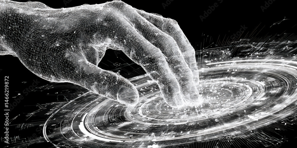 Poster a modern digital artwork depicting a luminous blue wireframe hand manipulating a holographic control