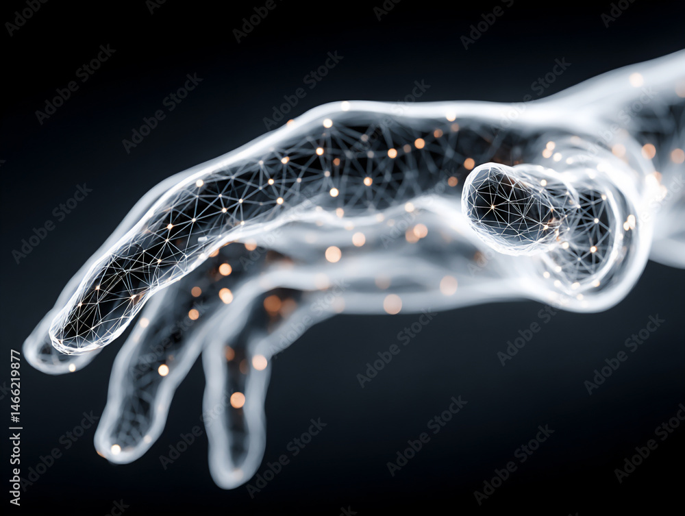 Poster a modern digital artwork depicting a luminous blue wireframe hand interacting with flowing data stre