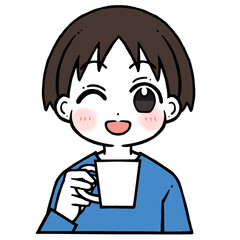 コップを持つウインクで笑う男の子のイラスト