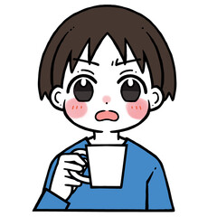 コップを持つ怒った顔の男の子のイラスト