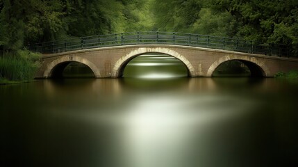 Fototapeta premium Enchanting stone bridge reflection over tranquil water surrounded by lush greenery offering peaceful serenity and timeless scenic beauty