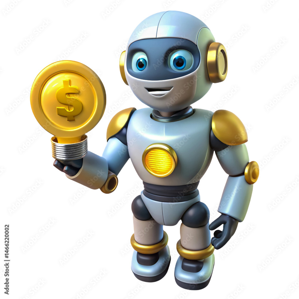 Aufkleber friendly robot holding a gold dollar lightbulb idea 3d rendering on transparent background