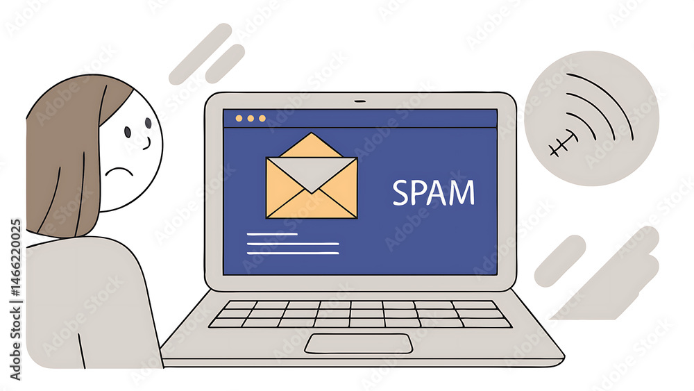 Poster email spam concept warning notification and spam message person using laptop with spam email notific