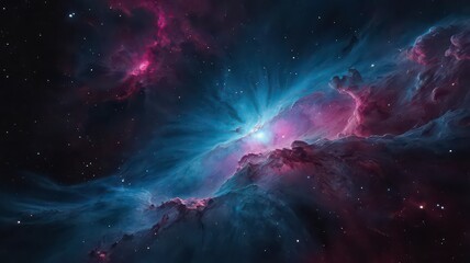 Obraz premium A vibrant nebula featuring pink and blue hues with bright stars scattered across the dark expanse of space
