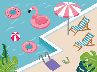 Summer Pool background with umbrella, beach chairs and tropical leaves.
