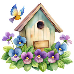 watercolor painting pansies grow around birdhouse