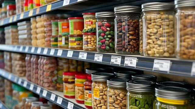 Colorful jars filled with nuts and beans create inviting atmosphere on grocery store shelves, enhancing shopping experience.