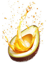 Sliced avocado with splashes isolated on white background