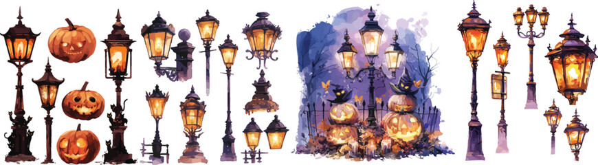 halloween street lamp watercolor clipart