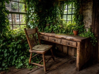 a tranquil image of a bare wooden table and a chair near a window with ivy vines climbing outside, with a gentle breeze moving the curtain slightly.
