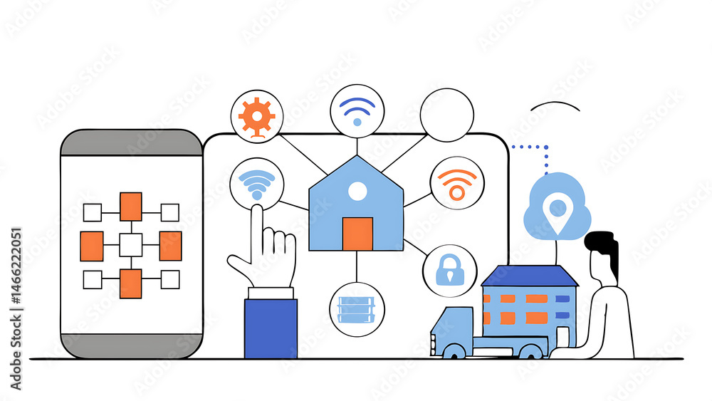 Poster iot technology and wireless connectivity concept internet of things businessman touching on iot inte