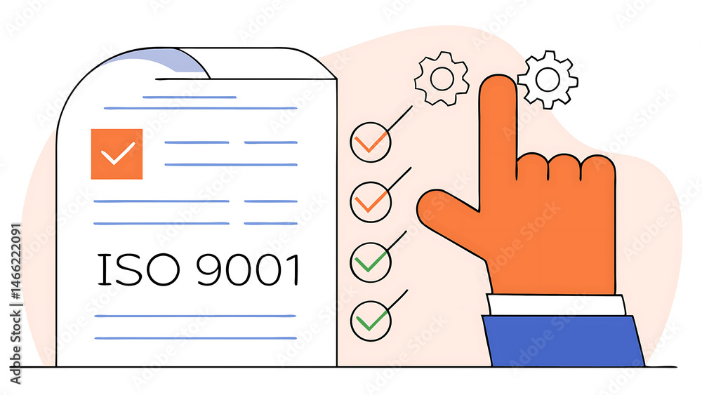 Poster iso 9001 certification concept businessman points to iso 9001 with checkmark icons and quality contr