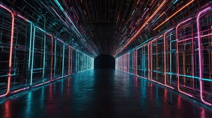 Illuminated tunnel with colorful neon lights and a dark end creating a futuristic atmosphere