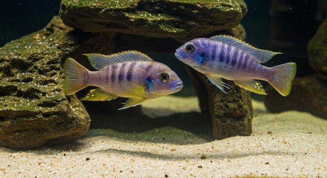 AI image of two striped cichlid fish interacting near rocks and sand in a well-lit freshwater aquarium habitat.