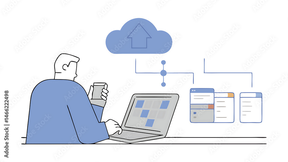 Poster man use laptop with cloud computing diagram show on hand networking and internet service concept clo
