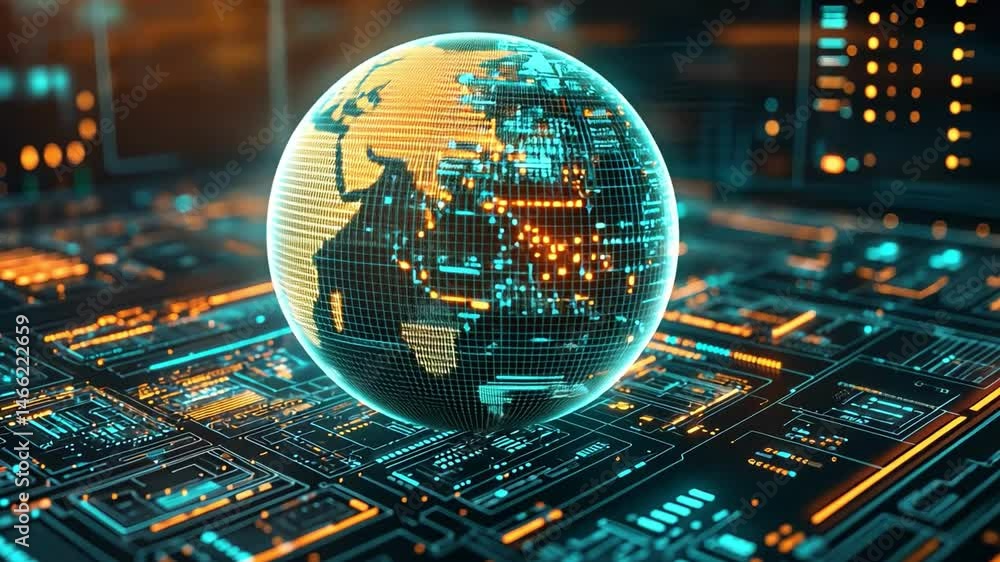 Poster futuristic digital globe vibrant network of technology, circuits, and data points in connected world