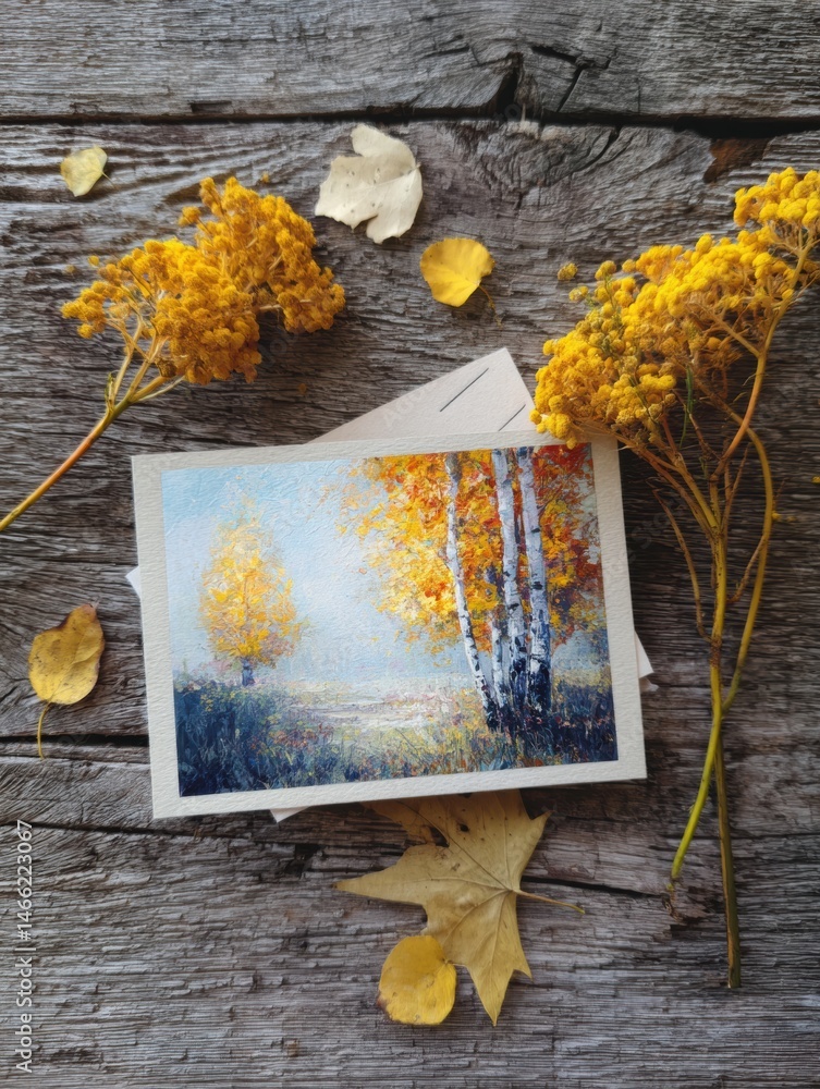 Poster beautiful autumn postcard with vibrant yellow foliage resting on rustic wooden surface generative ai