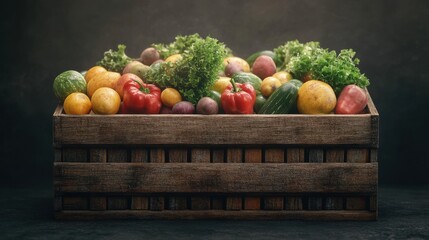 Front-facing wooden box filled with assorted fruits and vegetables, realistic style, one-color backdrop 