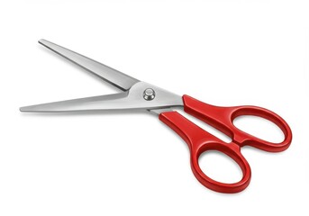 A pair of open scissors with red handles isolated on white background
