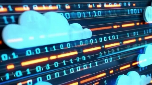 Abstract representation of digital data transfer and cloud computing with binary code and cloud symbols.