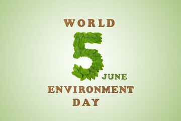 Beat plastic pollution. World Environment day concept. Happy Environment day, 05 June. Number 5 of green leaves on green background.
