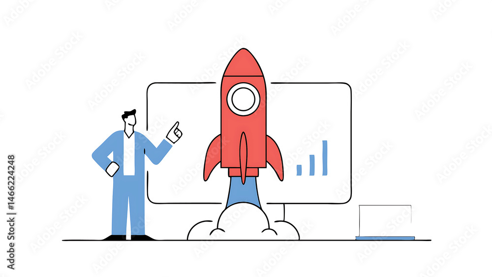 Poster startup business concept businessman use laptop with virtual screen of rocket icon and up arrow for 