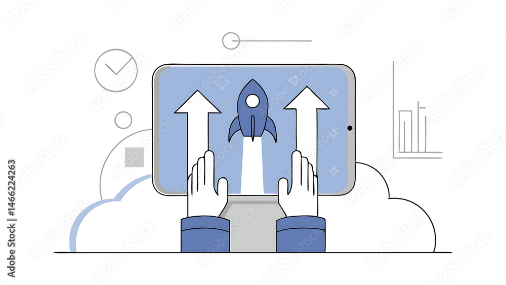 Poster startup business concept businessman use laptop with virtual screen of rocket icon and up arrow for 
