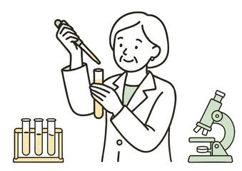 実験中のシニア女性研究者と理科器具