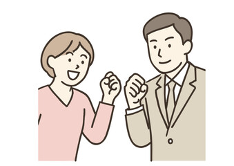 ガッツポーズするビジネスマンとカジュアルな服装の女性