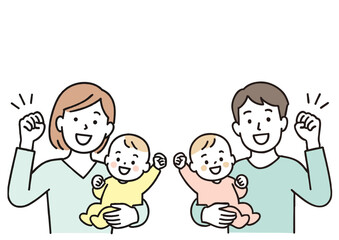 赤ちゃんを抱っこしてガッツポーズする父と母親の笑顔イラスト