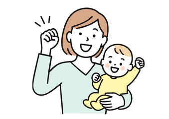 赤ちゃんを抱っこしながらガッツポーズする若い母親の笑顔イラスト