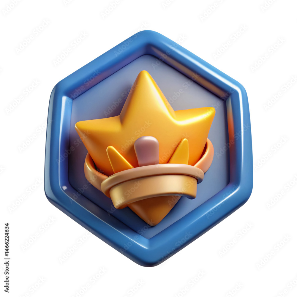Poster stunning 3d star crown icon vibrant blue hexagon frame on transparent background perfect for game de