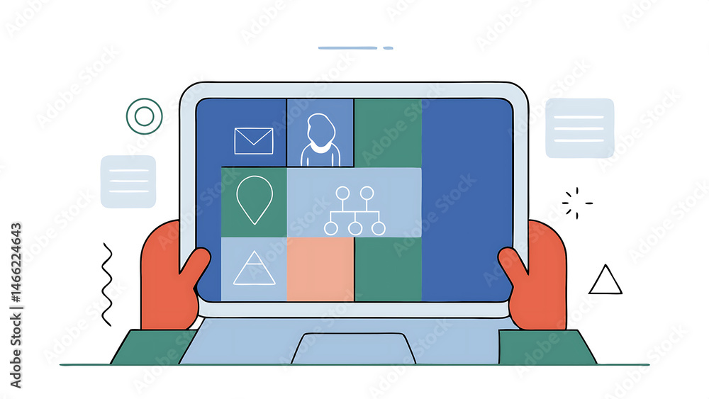 Poster team collaboration concept person using laptop with collaboration icons on virtual screen teamwork c