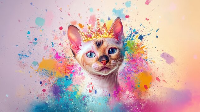 Artistic representation of majestic Sphynx kitten with glowing crown in an explosion of abstract colors