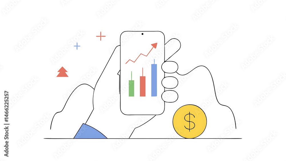 Poster a businessman or trader showing a growing virtual hologram stock on a smartphone indicating an inves