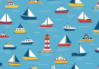 Seamless Pattern: Boats & Lighthouse on Blue Water