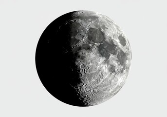 Detailed view of lunar surface with craters and shadows present isolated on white background