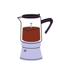 Icon of glass moka pot. Coffee maker with hot beverage in coffeehouse. Coffeemaker, utensil for making drinks in coffeeshop. Coffe brewer. Flat isolated vector illustration on white background