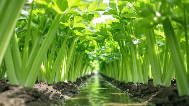 Lush Celery Field: A Bountiful Harvest Ready for Market on a Summer Day Scenery