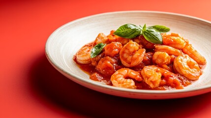 Vibrant prepared dish with shrimp, chicken and tomato sauce on an elegant wooden plate